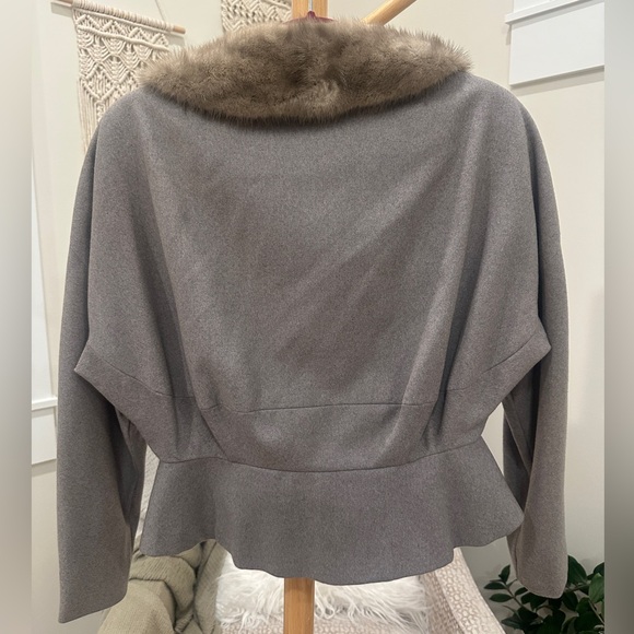 Vintage Frances Shop Gray Wool Suit Set Real Mink Fur Collar Jacket & Skirt S - Picture 7 of 16